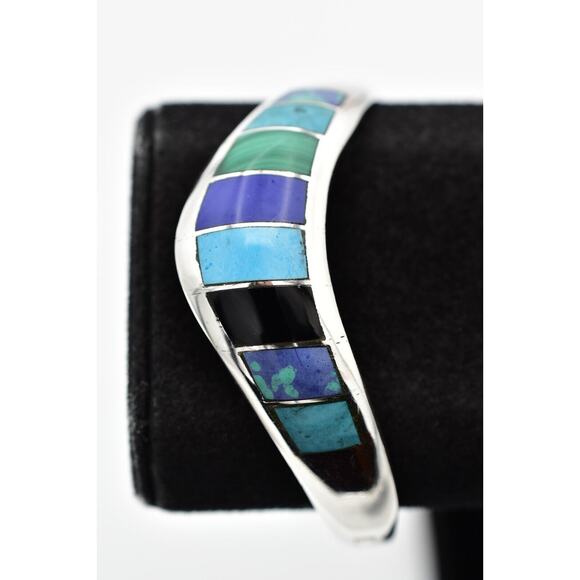TS-131 Mexico 950 Silver Bracelet Stone Inlay 40 Grams Designer Signed Bin8